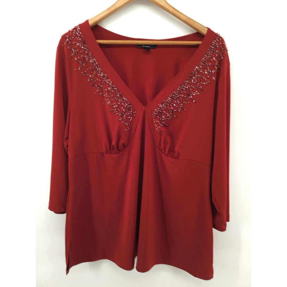 I.N. Studio Red Beaded V-Neck Blouse Womens 3/4 Sleeve Dressy Stretch Tunic FF19